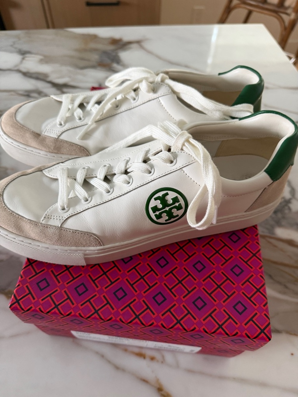 Tory Burch White Leather Sneakers with Green Logo and Heel Tab/color block